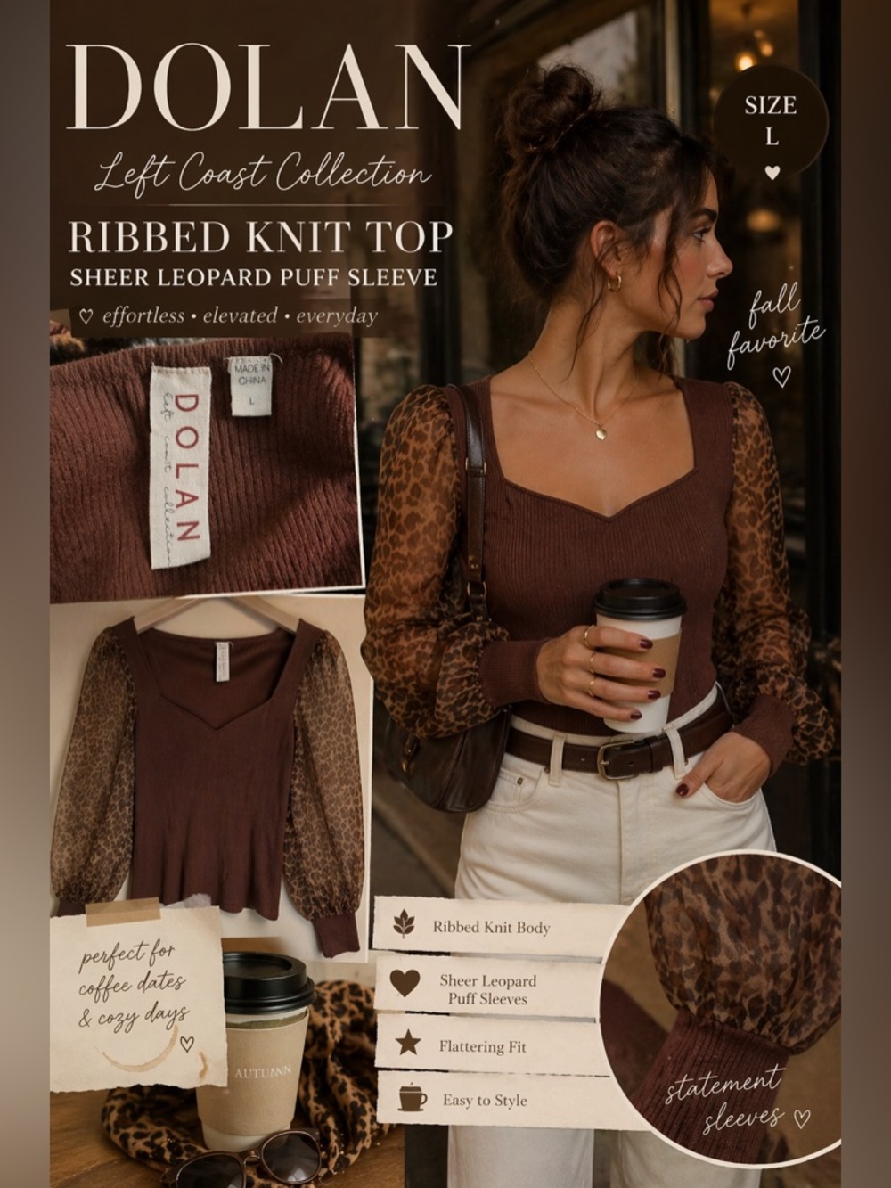 Dolan Left Coast Collection Brown Ribbed Knit Top Sheer Leopard Puff Sleeve